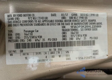 2017 Ford Focus Se z USA, uszkodzony, nr VIN 1FADP3K28HL220869